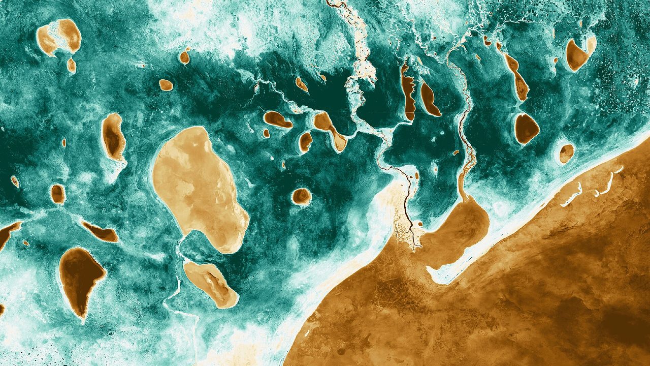 Landsat-based false-colour vegetation index (NDVI) image of north-western Namibia dated 7 March 2024: bright green marks vegetation along watercourses and orange and brown mark dry bare land.