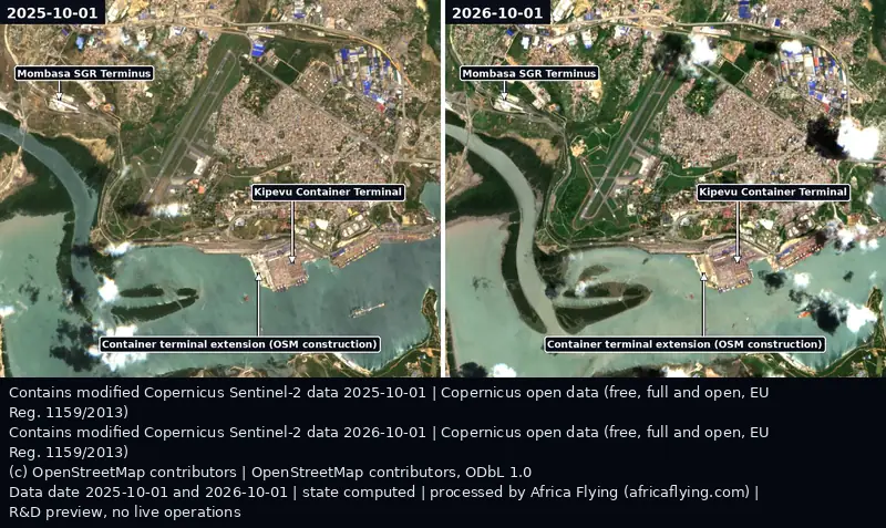 Two Sentinel-2 true-colour views of the same Kipevu and SGR terminus area of Mombasa side by side, 1 October 2025 on the left and 1 October 2026 on the right, with the SGR terminus, the Kipevu container terminal and the terminal extension labelled in both.