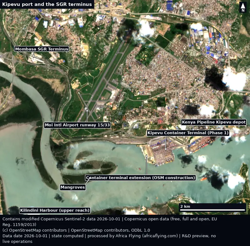 Sentinel-2 true-colour close view of Port Reitz and Kipevu, Mombasa, on 1 October 2026, with labelled arrows to the Kipevu container terminal and its extension, the Kenya Pipeline Kipevu depot, the SGR terminus, the airport runway, mangroves and the upper Kilindini Harbour.